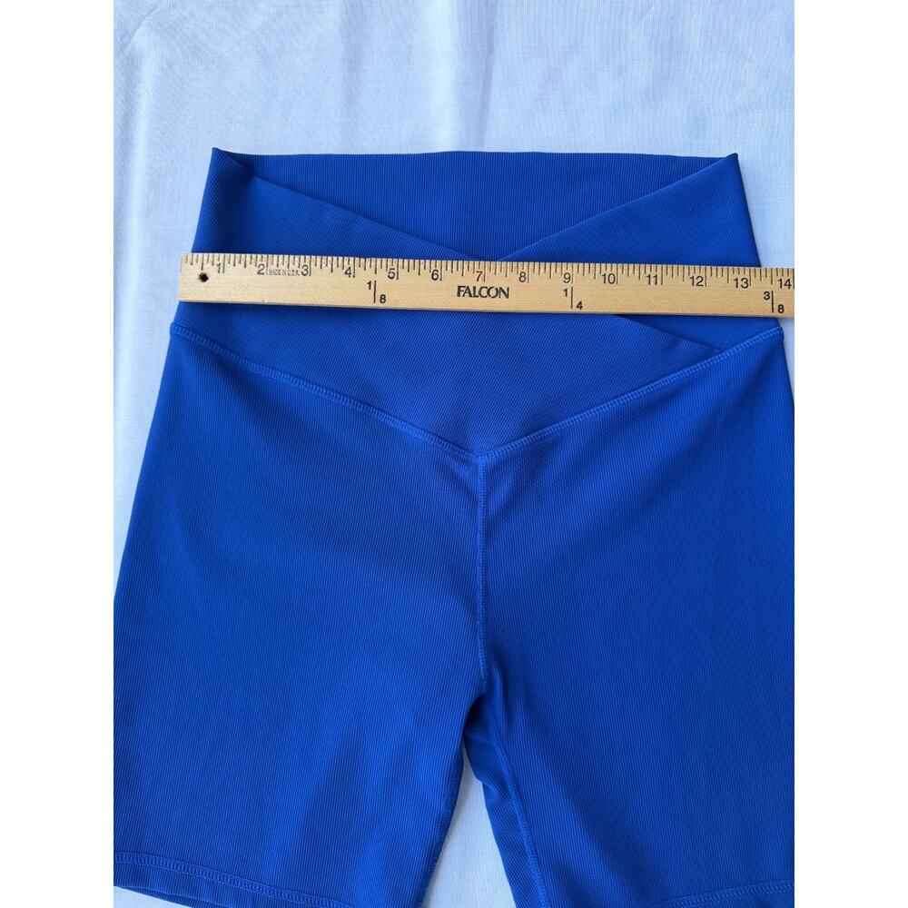 WILO Biker Yoga Gym Running Sporty Blue Ribbed Crossover V-waistband Shorts Sz L - Picture 9 of 9